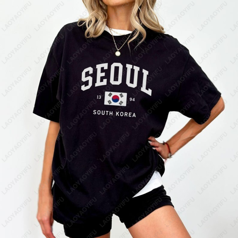 Street Fashion Seoul - سيول الكورية الجنوبية العلم للجنسين تيز
