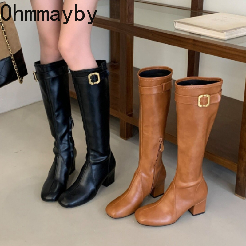 Street Fashion Winter - أحذية نسائية طويلة للركبة بتصميم ريترو،